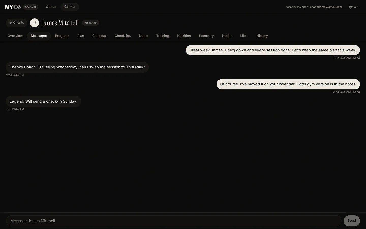 Coach messaging thread with a client